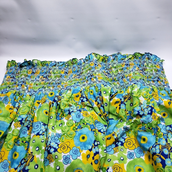 Vibrant Floral Fabric Smocked Top Dress Skirt Green Blue Yellow - Picture 4 of 7
